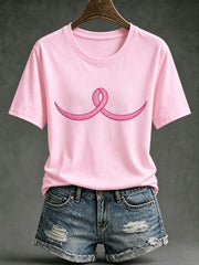 Women's Pink Charity Ribbon Pattern Design Casual Short-sleeved T-shirt