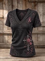 Women's Corss and Pink Charity Ribbon Pattern Design Casual Short-sleeved T-shirt