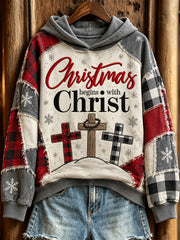Women's Christmas Color Block Patchwork Design Christmas Begins With ChristPattern Casual Hoodie