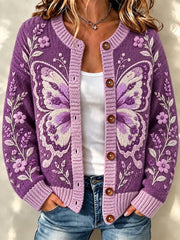 Women's Purple Art Print Casual Cardigan