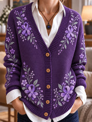 Women's Purple Art Print Casual Cardigan