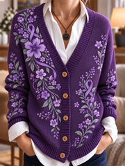 Women's Purple Art Print Casual Cardigan