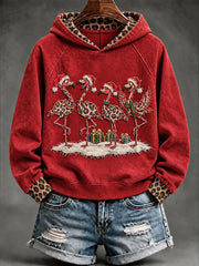 Women's Christmas Leopard Flamingos Print Casual Hoodie