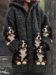 Women's Vintage Crowded Bernese Mountain Dogs Print Cozy Composite Fleece Long Coat