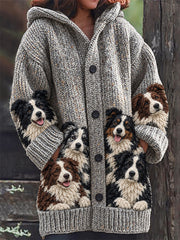 Women's Crowded Border Collie Dogs Print Cozy Composite Fleece Long Coat