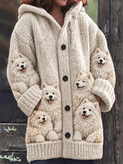 Women's Vintage Crowded Samoyed Dogs Print Cozy Composite Fleece Long Coat