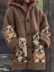 Women's Vintage Crowded Bulldogs Print Cozy Composite Fleece Long Coat