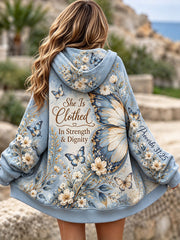 Women's She Is Clothed In Strength & Dignity Floral Butterfly Print Zip-Up Hoodie