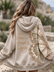 Women's She Is Clothed In Strength & Dignity Butterfly Print Zip-Up Hoodie