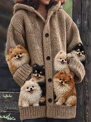 Women's Vintage Crowded Pomeranian Dogs Print Cozy Composite Fleece Long Coat