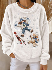 Women's Girl and Labrador Retriever Playing in the Snow Printed Casual Flannel Hoodie