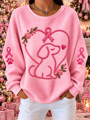 Women's Pink Ribbon Dog Print Waffle Sweatshirt