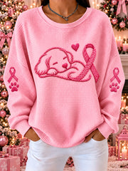 Women's Pink Ribbon Dog Print Waffle Sweatshirt