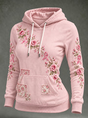 Women's Pink Rose and Pink Charity Ribbon Pattern Casual Hoodie