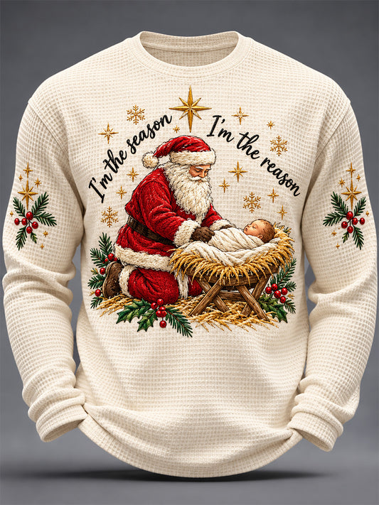 Men's Jesus Is The Reason For The Season Print Waffle Long Sleeve Top
