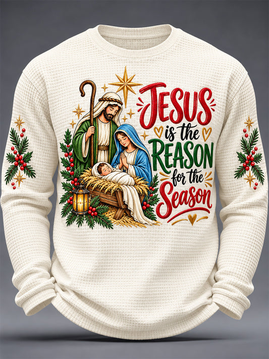 Men's Jesus Is The Reason For The Season Print Waffle Long Sleeve Top