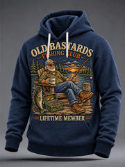 Men's Funny Old Bastards Fishing Club Lifetime Member Print Oversized Drop-Shoulder Hoodie With Pockets