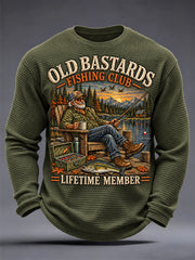 Men's Funny Old Bastards Fishing Club Lifetime Member Print Waffle Long Sleeve Top