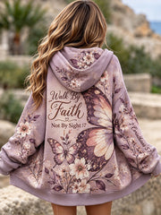 Women's Walk By Faith Floral Butterfly Print Zip-Up Hoodie