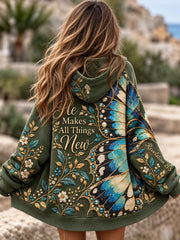 Women's He Makes All Things New Floral Butterfly Print Zip-Up Hoodie