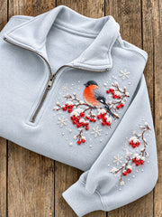 Women's Winter Bullfinch Pattern Casual Half-Zip Sweatshirt