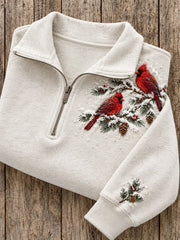 Women's Snowy Winter Red Cardinals On Branch Print Zip Up Sweatshirt