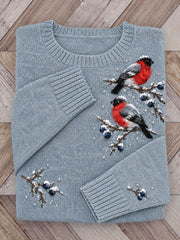 Women's Snowy Winter Eurasian Bullfinch Birds on Branches Print crew neck sweater