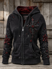 Women's Vintage Gothic Christmas Cross Print Full Zip Hoodie