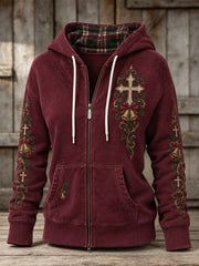 Women's Vintage Christmas Cross & Bells Print Full Zip Hoodie