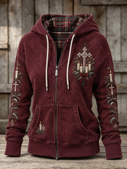 Women's Vintage Christmas Cross & Candles Print Full Zip Hoodie