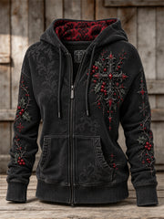Women's Vintage Gothic Christmas Cross Print Full Zip Hoodie