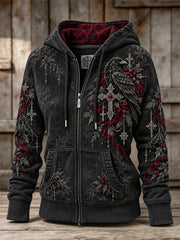 Women's Vintage Gothic Christmas Cross & Raven Print Full Zip Hoodie