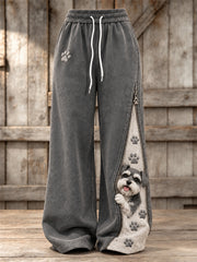 Women's Peeking Schnauzer Dog & Paw Prints Zipper Contrast Print Wide Leg Sweatpants