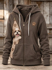 Women's Peeking Shih Tzu Dog & Paw Prints Zipper Contrast Print Full Zip Hoodie