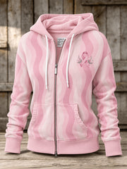 Women's Pink Charity Ribbon Pattern Striped Design Casual Zip-Up Hoodie