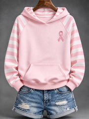 Women's Pink Charity Ribbon Pattern Striped Design Casual Hoodie