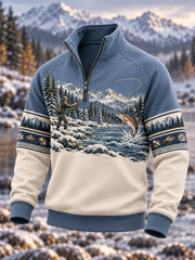 Men's Vintage Wilderness Fishing Print Zip-Up Hoodie