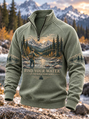 Men's Vintage Wilderness Fishing Print Zip-Up Hoodie