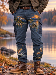 Men's Vintage Wilderness Fishing Print Casual Work Trousers