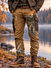 Men's Vintage Wilderness Fishing Print Casual Work Trousers