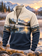 Men's Vintage Wilderness Fishing Print Zip-Up Hoodie
