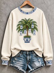 Women's Christmas Palm Tree Mahjong Print Casual Sweatshirt