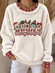 Women's Christmas Mahjong Print Casual Flannel Hoodie