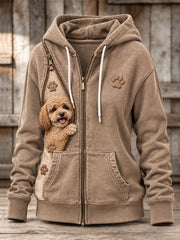 Women's Peeking Poodle Dog & Paw Prints Zipper Contrast Print Full Zip Hoodie