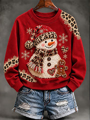 Women's Leopard Christmas Snowman Print Casual Sweatshirt