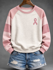 Women's Pink Striped and Pink Charity Ribbon Pattern Casual Raglan Sleeve Sweatshirt
