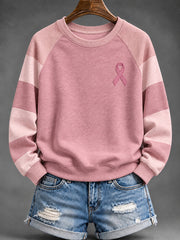 Women's Pink Striped and Pink Charity Ribbon Pattern Casual Raglan Sleeve Sweatshirt