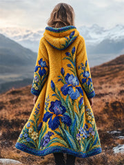 Women's Vintage Irises Oil Painting Inspired Art Print Flannel Long Coat
