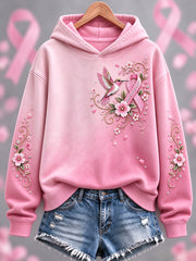 Women's Pink Floral & Hummingbird Print Breast Cancer Awareness Support Hoodie