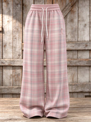 Women's Vintage Pink Ribbon Inspired Plaid Print Casual Sweatpants